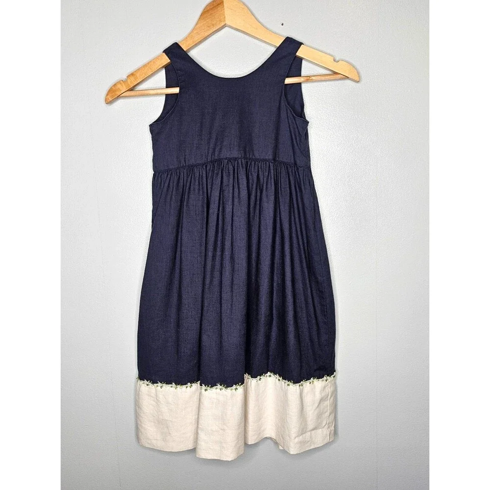 HARTSTRINGS Girls Dress Size 5 Linen Blend Blue Back Tie and Buttons Sleeveless